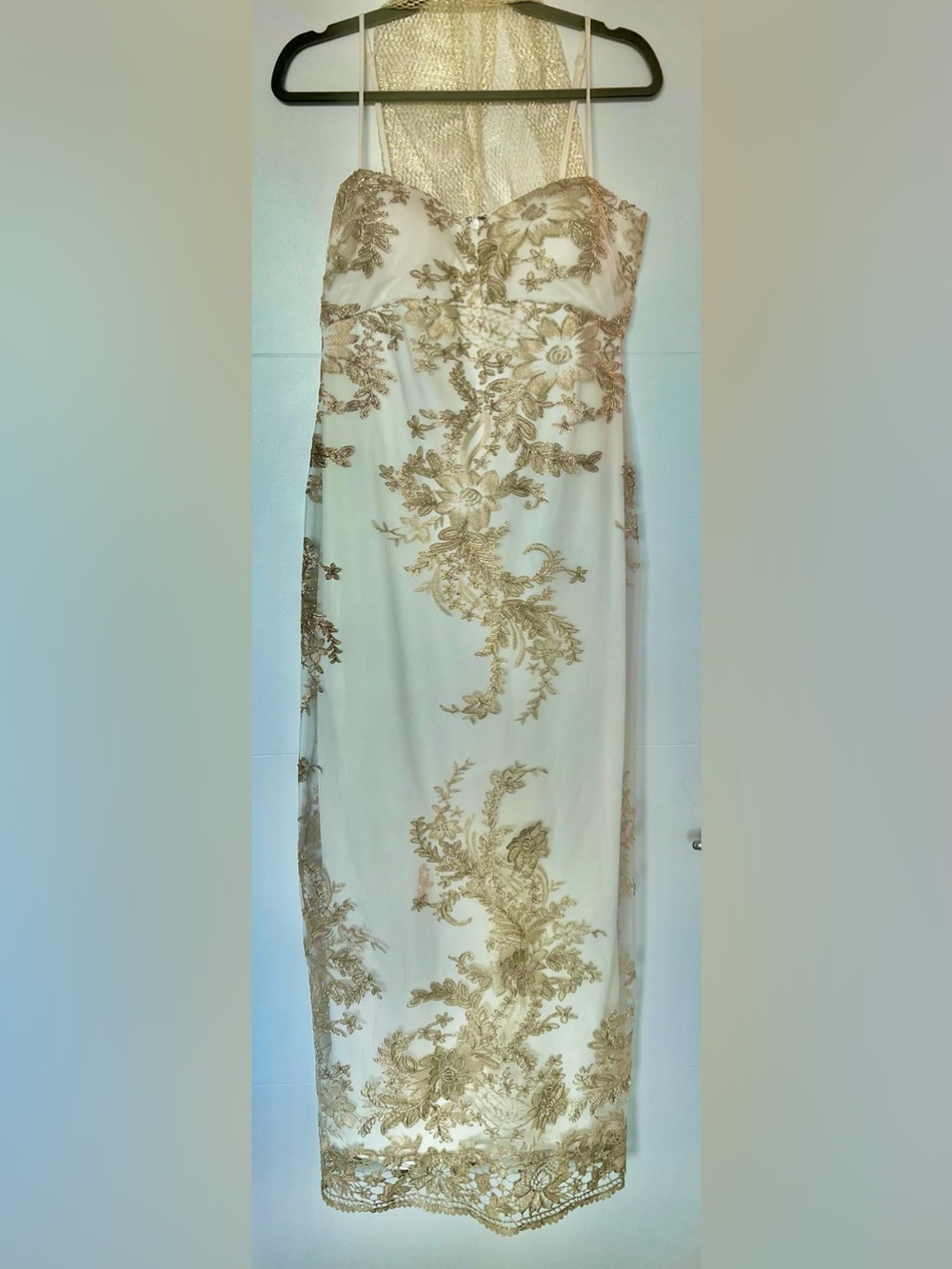 Marina Women’s 10 Ivory Gold Embroidered Lace Maxi Dress